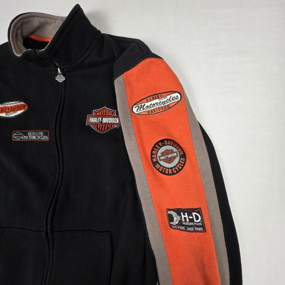 VTG Harley-Davidson Racing Full Zip Sweatshirt Mens Med Black Orange Patches Y2K